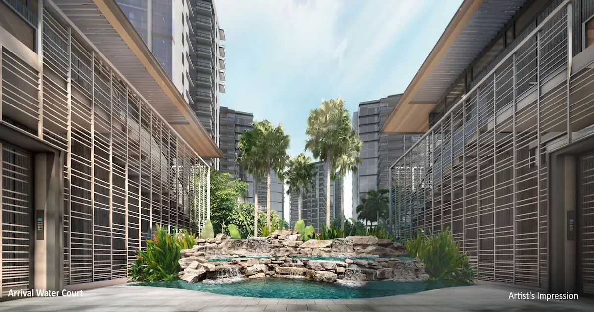 The Florence Residences Arrival Water Court with rock cascade water feature flanked by twin lift lobbies Singapore.