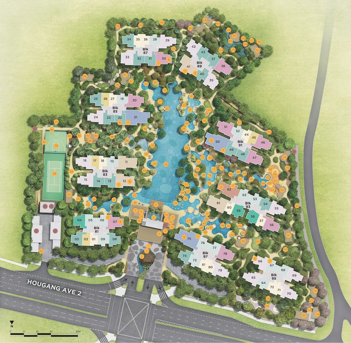 The Florence Residences master site plan showing nine 18-storey blocks (Blk 81 to 97), 80m Island Lap Pool and 128 facilities across 12 themed clubs in Kovan D19 Singapore.