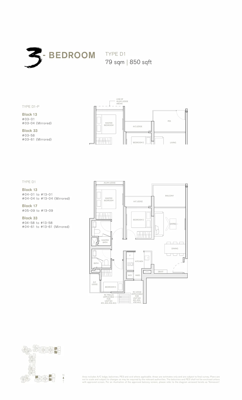 The Woodleigh Residences 3-Bedroom Type D1 floor plan showing 79 sqm / 850 sqft layout with master bedroom, balcony, kitchen and yard configuration Singapore.