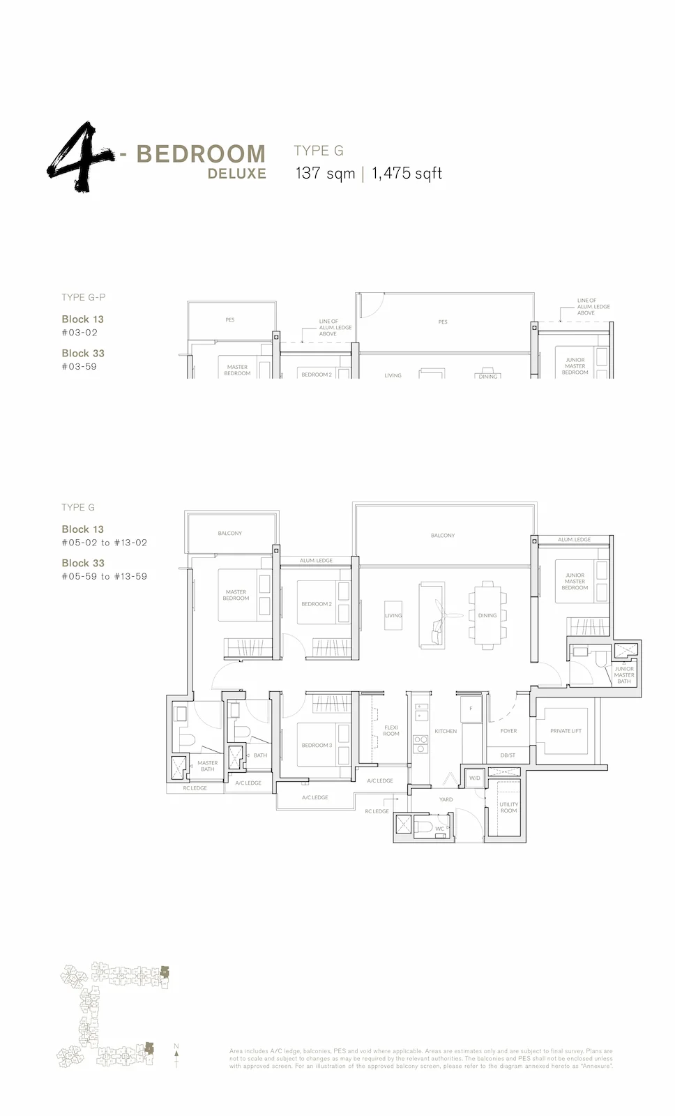 The Woodleigh Residences 4-Bedroom Deluxe Type G floor plan showing 137 sqm / 1,475 sqft layout with private lift lobby, junior master bedroom, flexi room and dual balconies Singapore.