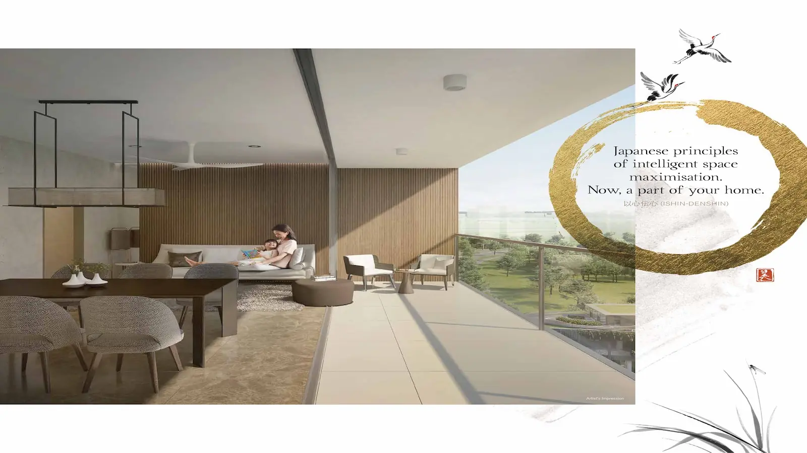 The Woodleigh Residences interior balcony with Japanese-inspired flushed flooring extending the living and dining space toward the Bidadari Park view artist's impression Singapore