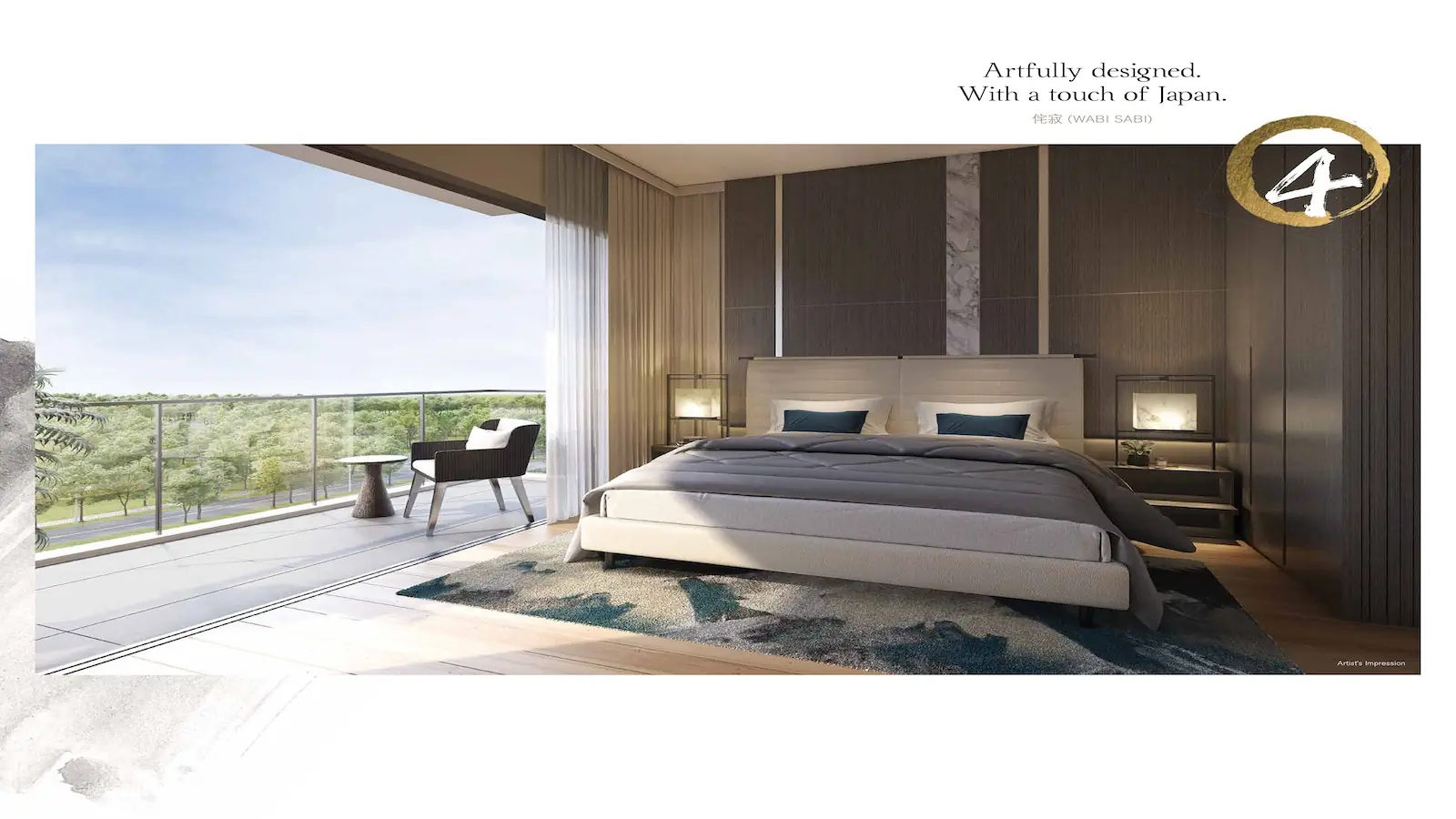 The Woodleigh Residences master bedroom with marble feature wall, full-height balcony glazing and Bidadari Park view artist's impression Singapore.