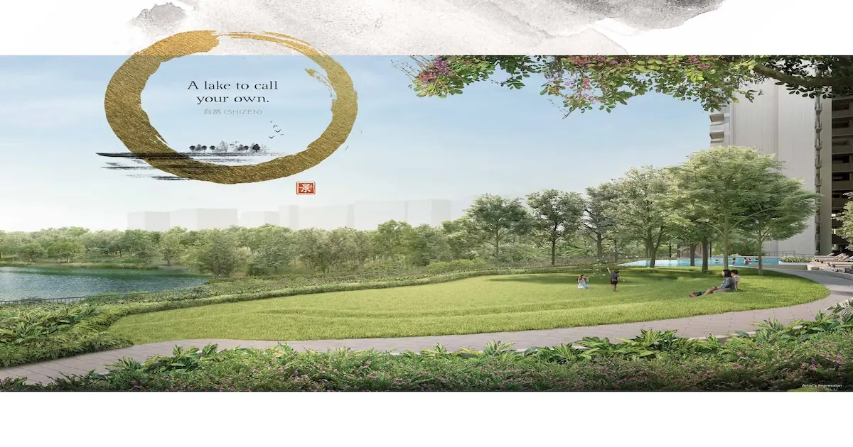 The Woodleigh Residences open lawn fronting Alkaff Lake and Bidadari Park's mature tree canopy artist's impression Singapore.