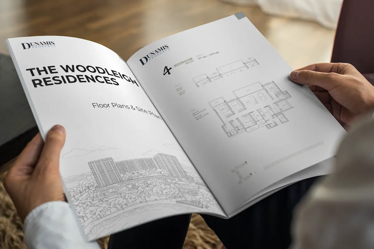 The Woodleigh Residences floor plan and site plan brochure published by Dunamis Property showing 4-Bedroom Deluxe Type G layout Singapore.