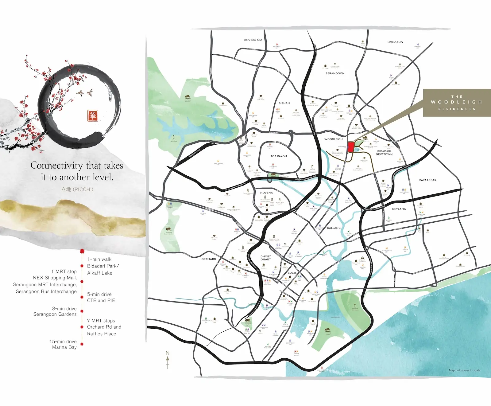 The Woodleigh Residences connectivity map showing 1-minute walk to Woodleigh MRT (NE11), 1 stop to NEX Serangoon Interchange, 5-minute drive to CTE/PIE and 7 stops to Orchard and Raffles Place Singapore.