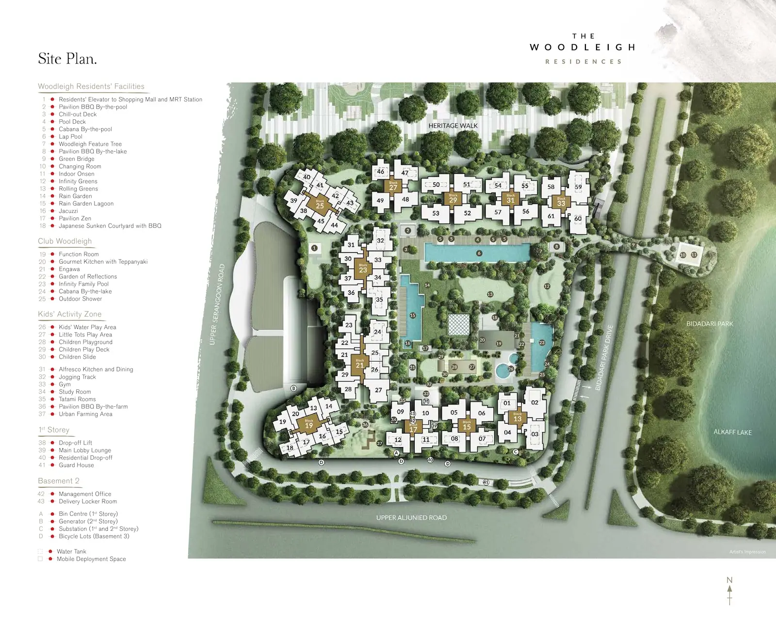 The Woodleigh Residences master site plan showing 11 residential blocks across 273,844 sqft, three swimming pools (Lap Pool, Rain Garden Lagoon, Infinity Family Pool), Indoor Onsen, Pavilion Zen, Japanese Sunken Courtyard and Bidadari Park frontage along Bidadari Park Drive Singapore.