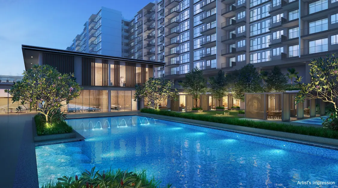 Treasure at Tampines clubhouse and 50-metre lap pool with dining cabanas at twilight.