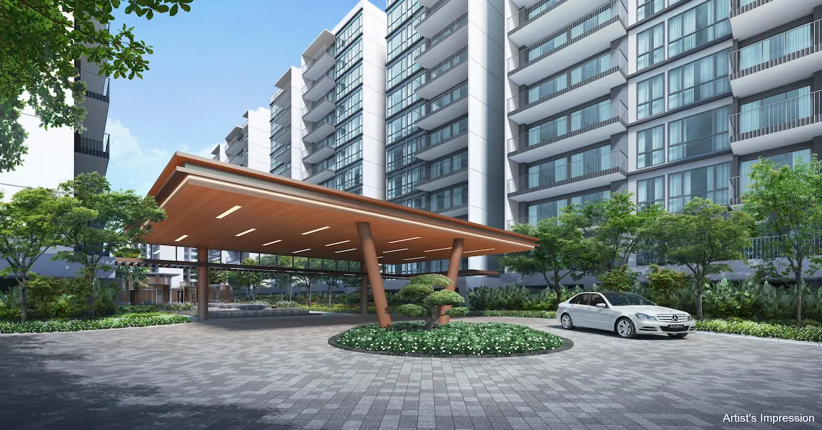 Treasure at Tampines garden arrival drop-off along Tampines Lane — the secondary residential entrance.