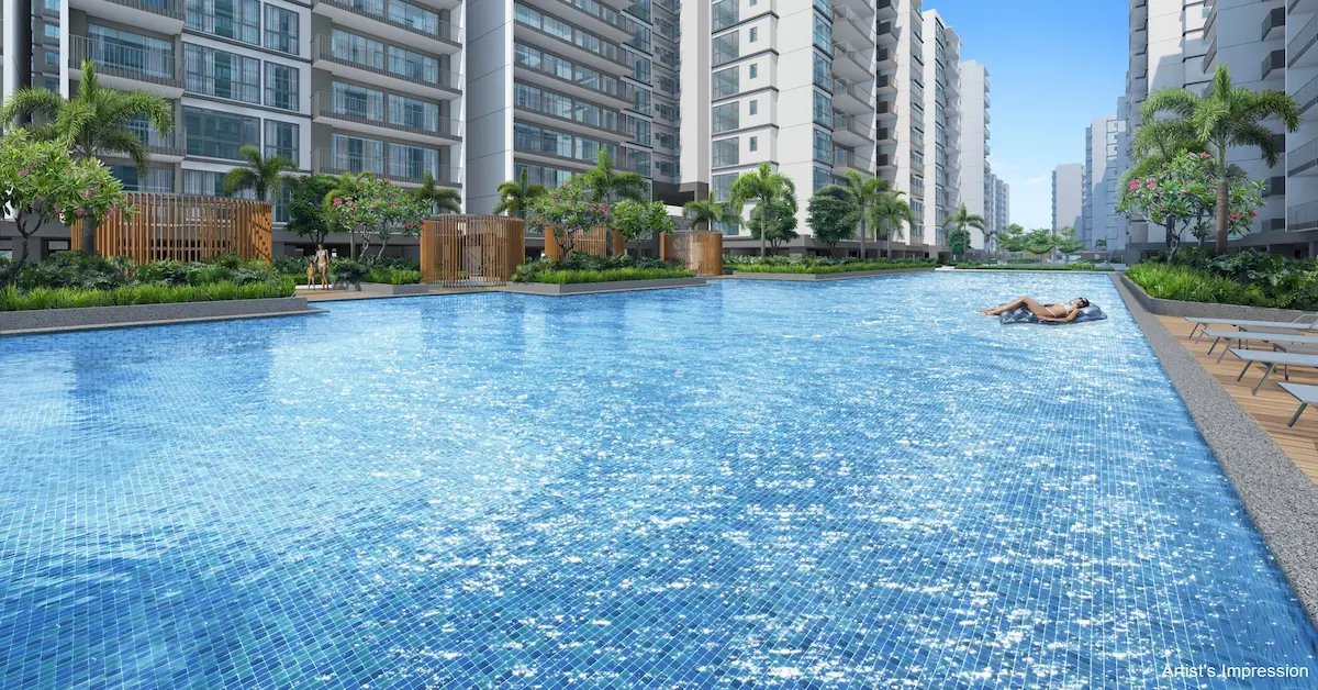 Treasure at Tampines 50-metre lap pool framed by 12-storey residential blocks.