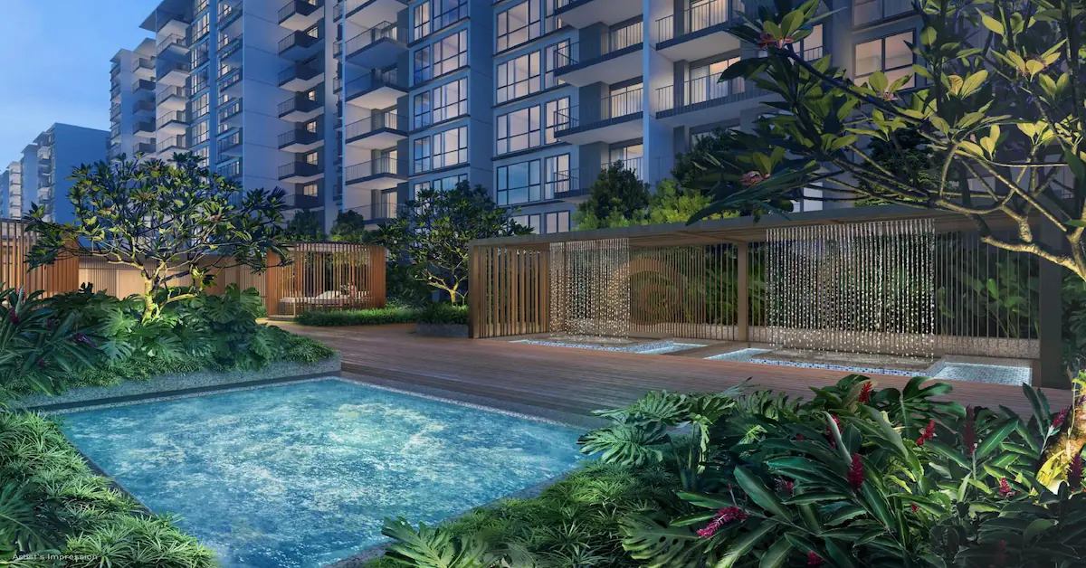 Treasure at Tampines onsen spa pool and rain shower spa within the landscaped grounds.
