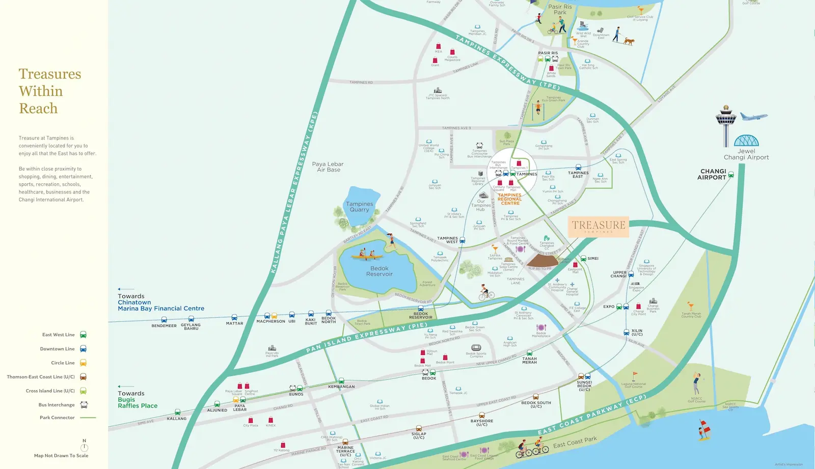 Treasure at Tampines location map — connectivity to Tampines MRT, Simei MRT, Changi Airport, Bedok Reservoir and Eastern Singapore amenities.