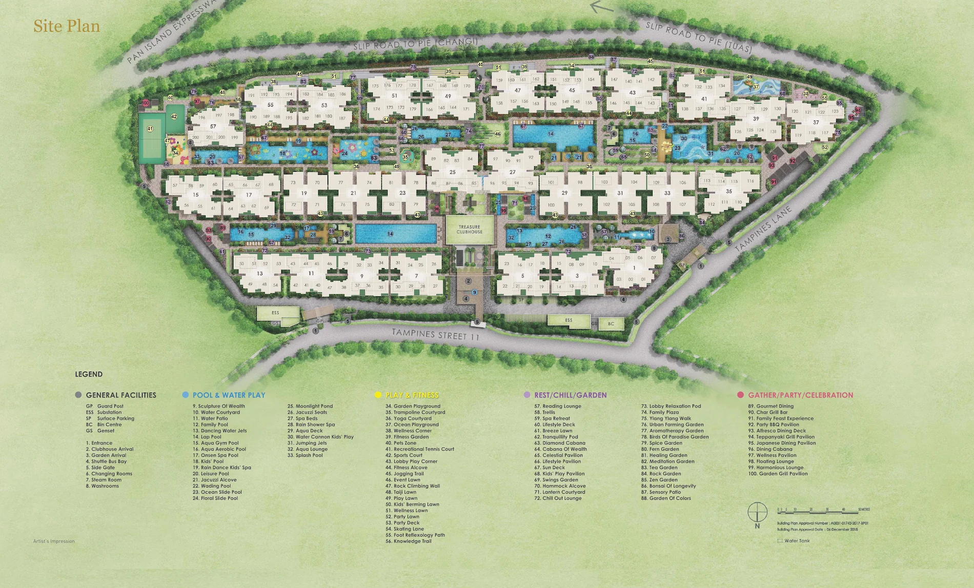 Treasure at Tampines site plan — aerial layout of all 29 residential blocks, swimming pools, clubhouse and 128 facilities at Tampines Street 11.