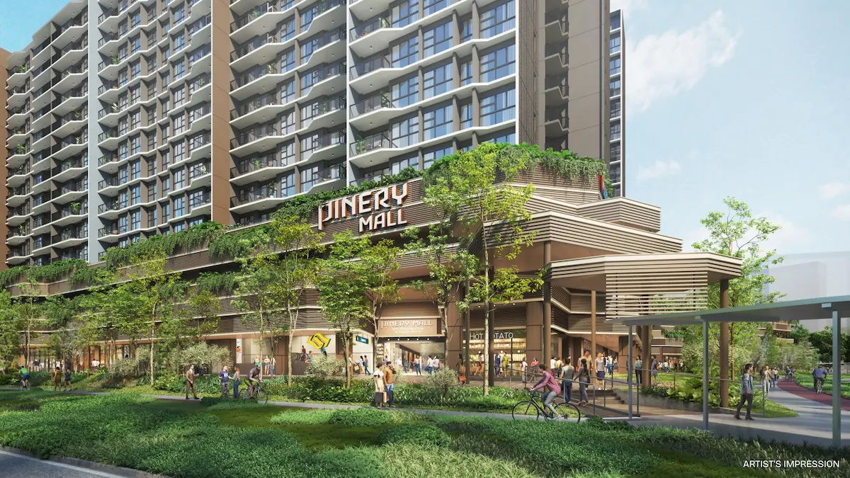 Architectural facade of Pinery Residences and District 18 integration.