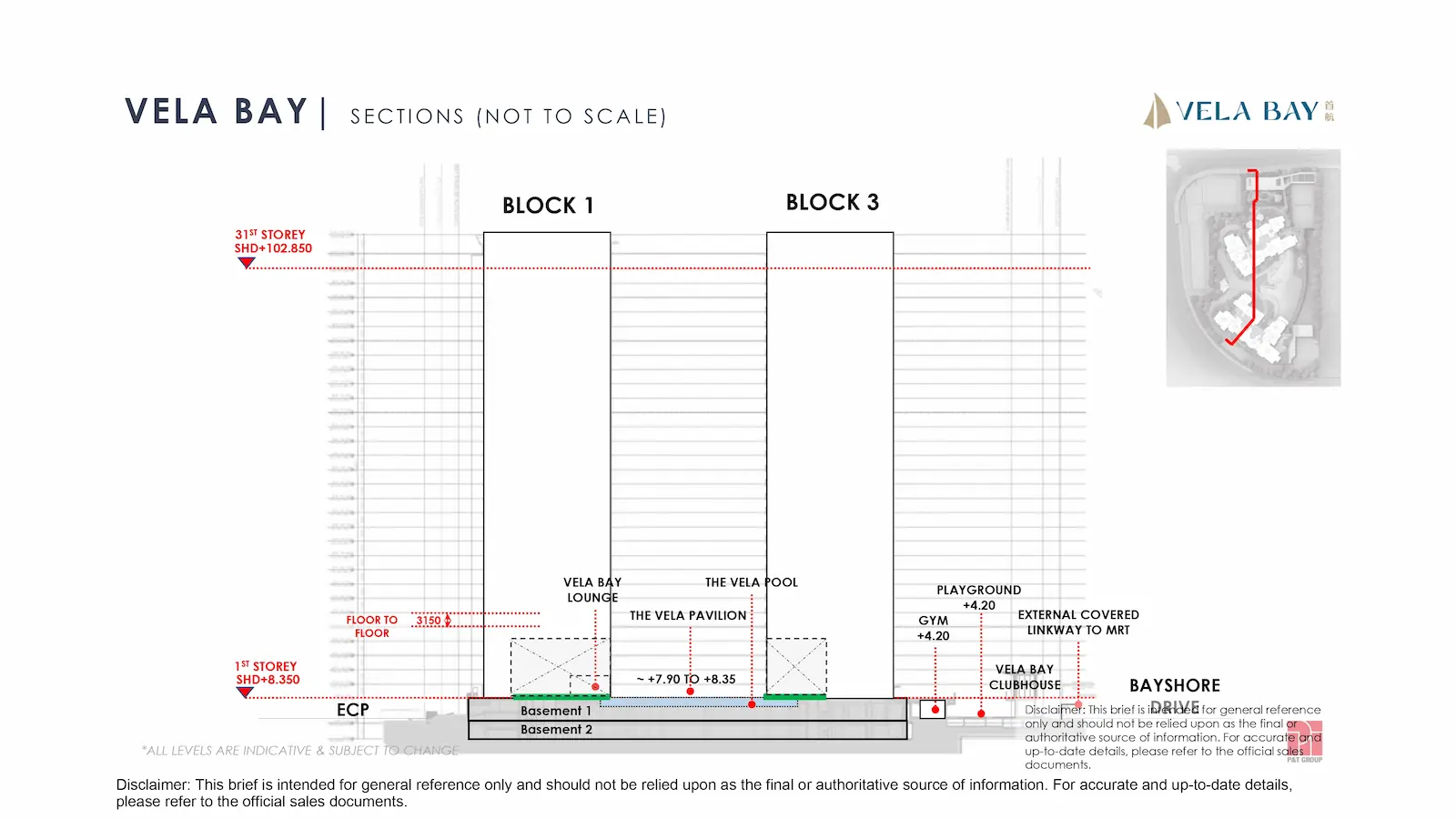 Elevation cross-section chart demonstrating the first storey of Vela Bay residential units starting exactly 8.35 meters above the East Coast Parkway.