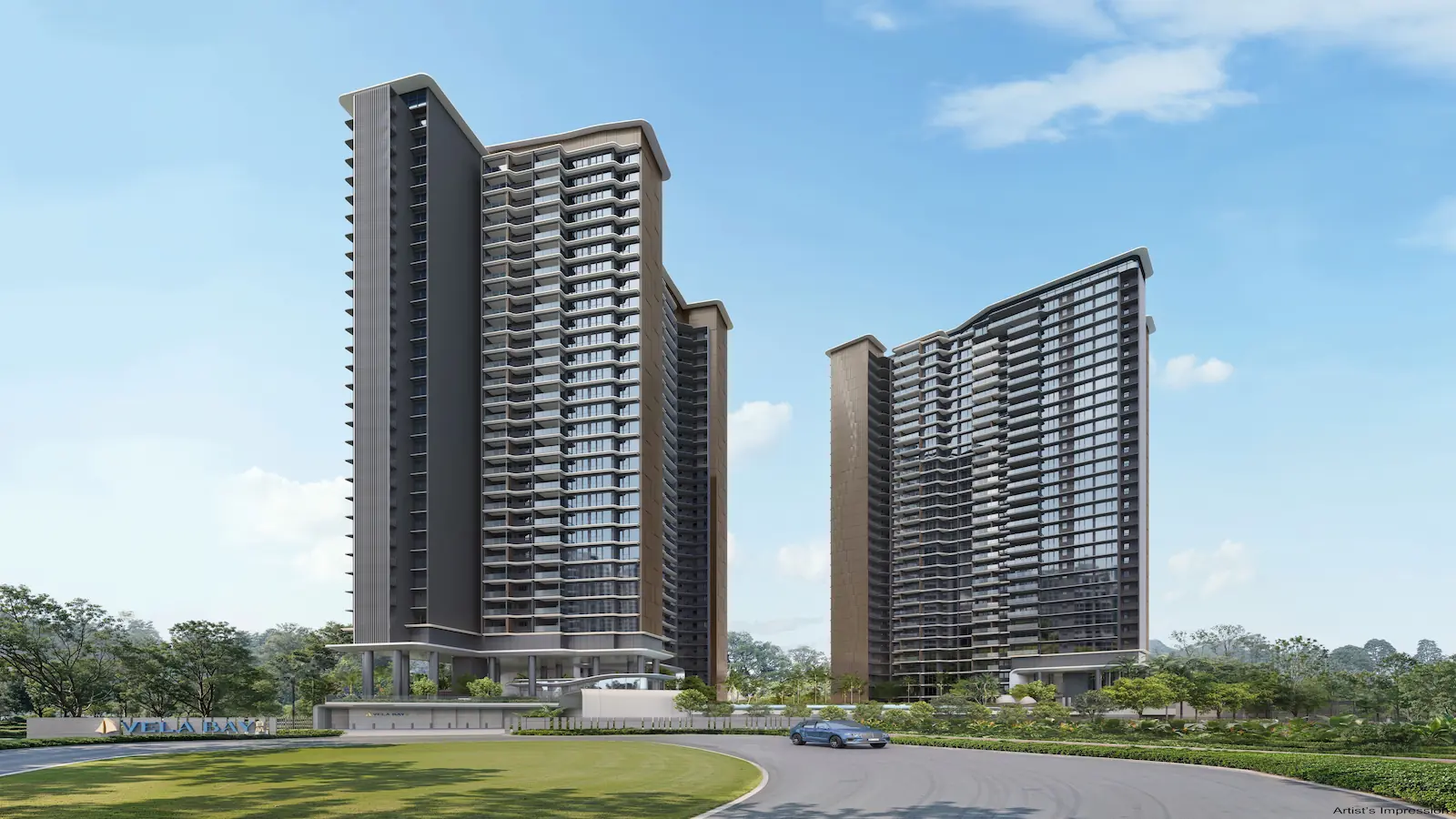 Elevated view of a coastal harbor, illustrating the Portofino-inspired seafront design concept and lifestyle for the Vela Bay condominium.