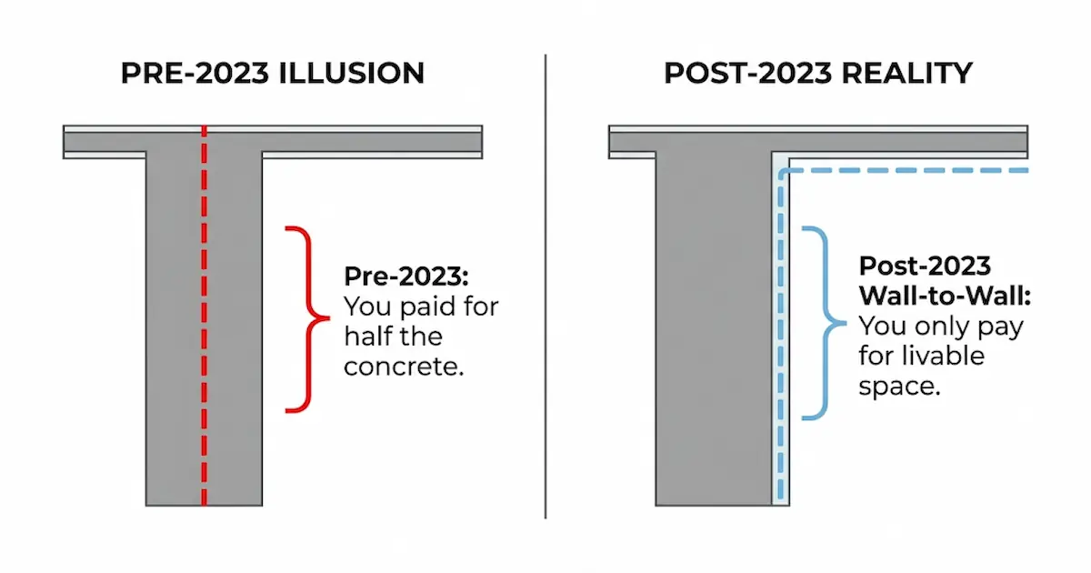 Diagram illustrating the GFA harmonization measurement shift from the middle of the wall to the internal paint surface for Singapore condos.