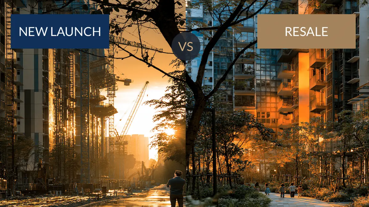 New launch showflat and completed resale condominium side by side — comparing price, payment and timeline for Singapore buyers